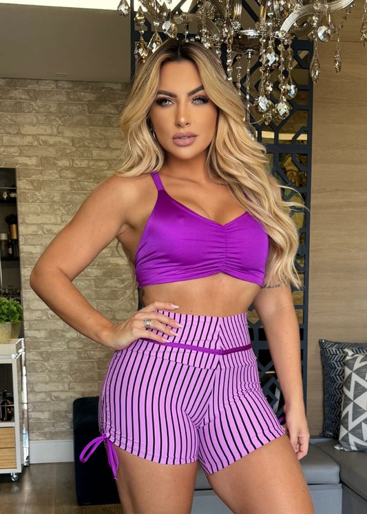 Conjunto Fitness Top Roxo com Decote Short Lilás Listrado