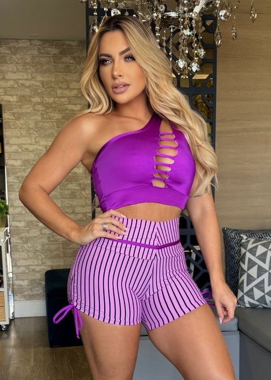 Conjunto Fitness Top Roxo com Tiras Short Lilás Listrado