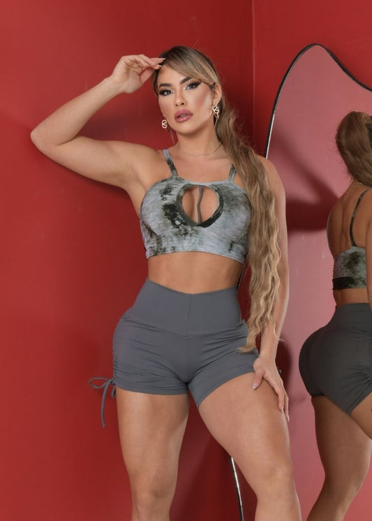 Conjunto Fitness Top Tie Dye Abertura Frontal Short Cinza