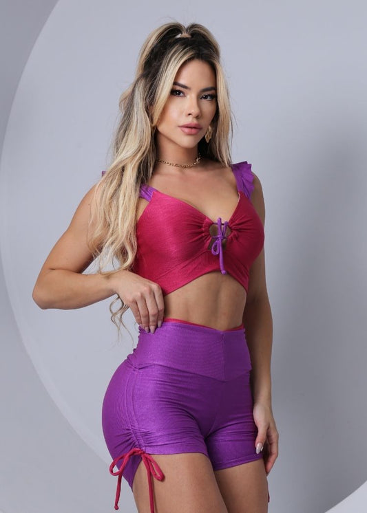 Conjunto Fitness Top Vinho com Decote Short Roxo
