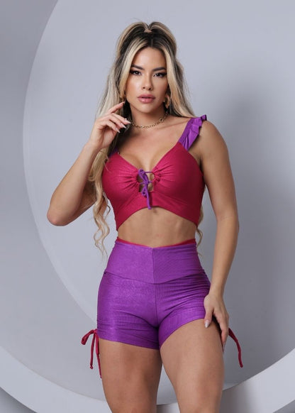 Conjunto Fitness Top Vinho com Decote Short Roxo