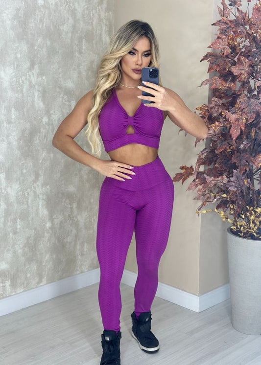 Conjunto Fitness Zig Zag Roxo Top Rolotê e Legging
