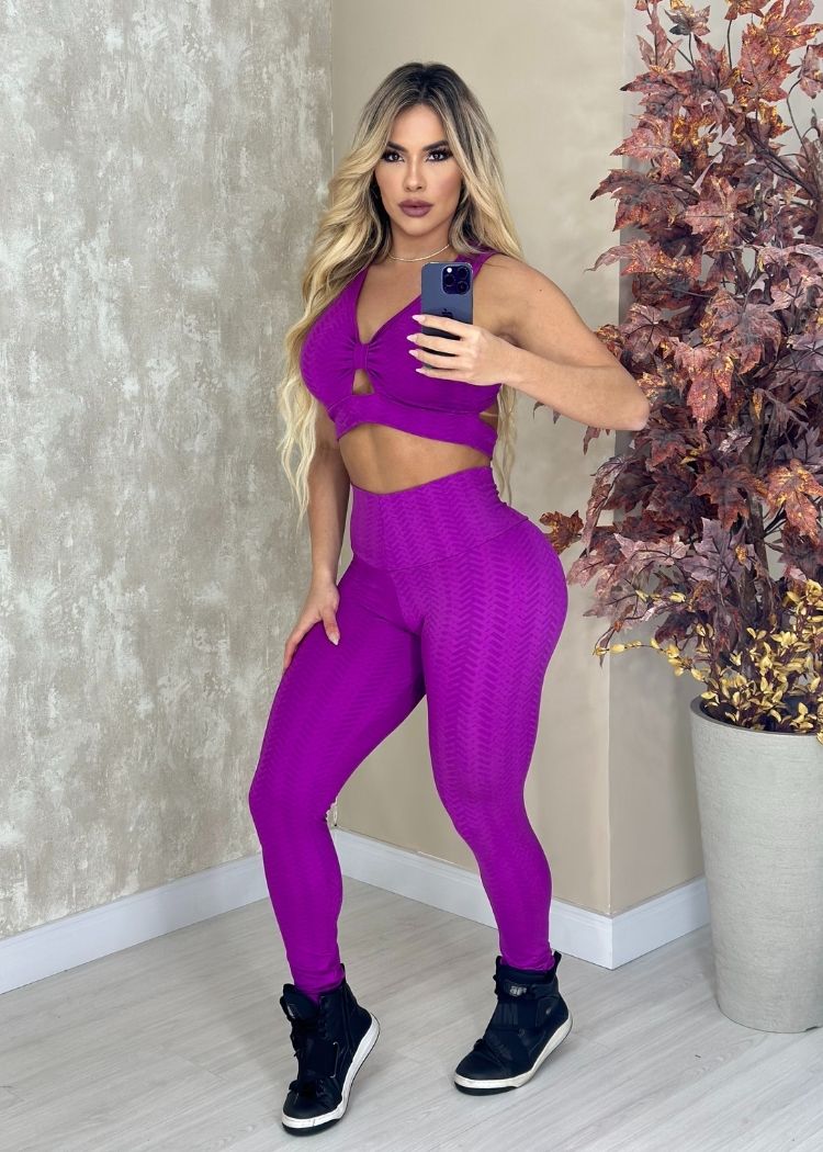Conjunto Fitness Zig Zag Roxo Top Rolotê e Legging