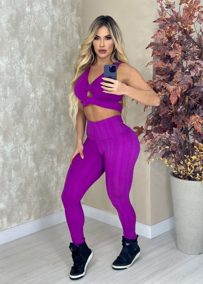 Conjunto Fitness Zig Zag Roxo Top Rolotê e Legging