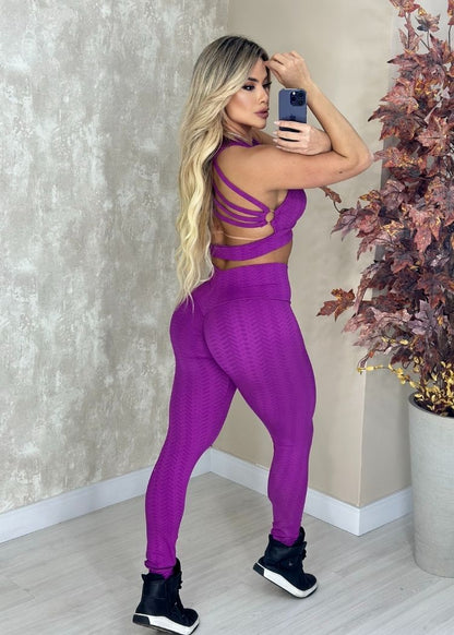 Conjunto Fitness Zig Zag Roxo Top Rolotê e Legging