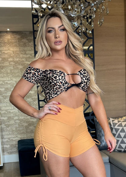 Conjunto Fitness Top Manguinha Oncinha Short Laranja Empina Bumbum