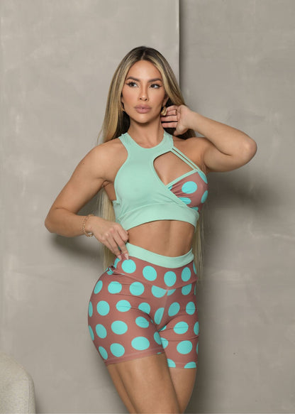 Conjunto Fitness Top Maria Verde Água Short Poá Marrom Filete