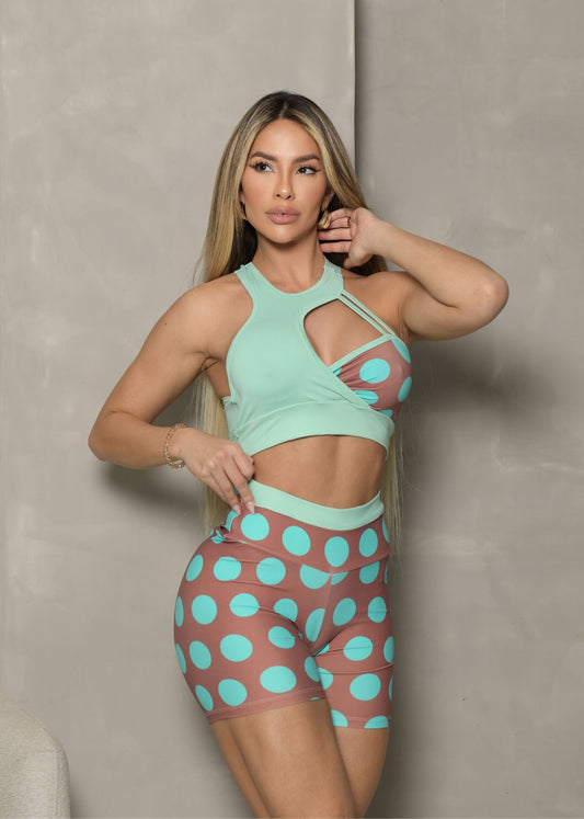 Conjunto Fitness Top Maria Verde Água Short Poá Marrom Filete