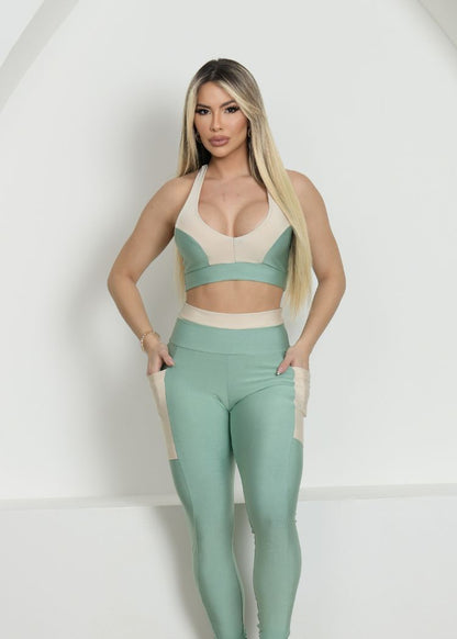 Conjunto Fitness Top Embutido Verde Legging Verde C/ Bolso