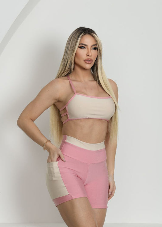 Conjunto Fitness Top Brenda Off White Short Filete Rosa C/ Bolso