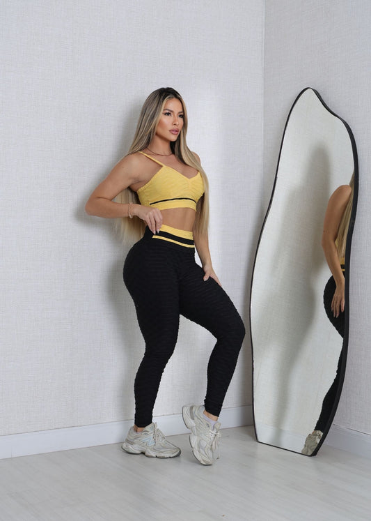 Conjunto Fitness Top Viés Amarelo Legging Filete Preta