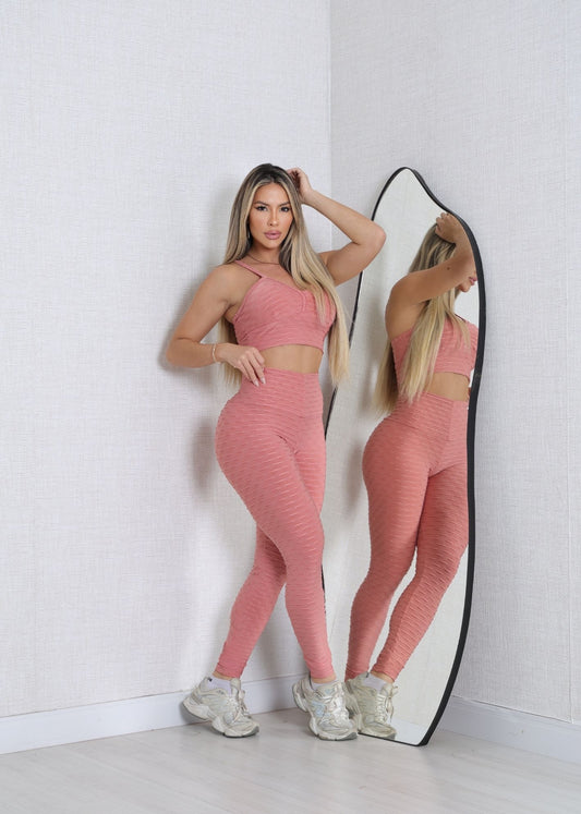 Conjunto Fitness Top e Legging Empodere Goiaba Brocado