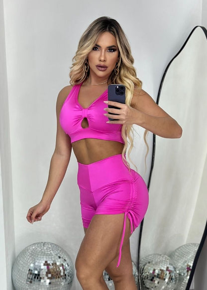 Conjunto Fitness Pink Top Rolotê e Short com Regulagem