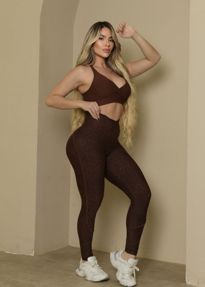 Conjunto Fitness Top Transverso Telha Legging Onça
