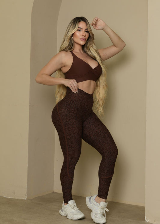 Conjunto Fitness Top Transverso Telha Legging Onça