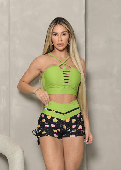 Conjunto Fitness Top escama Verde Short Cupcake