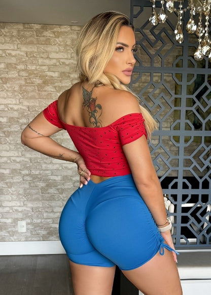 Conjunto Fitness Top Manguinha Melancia Short Azul com Laço