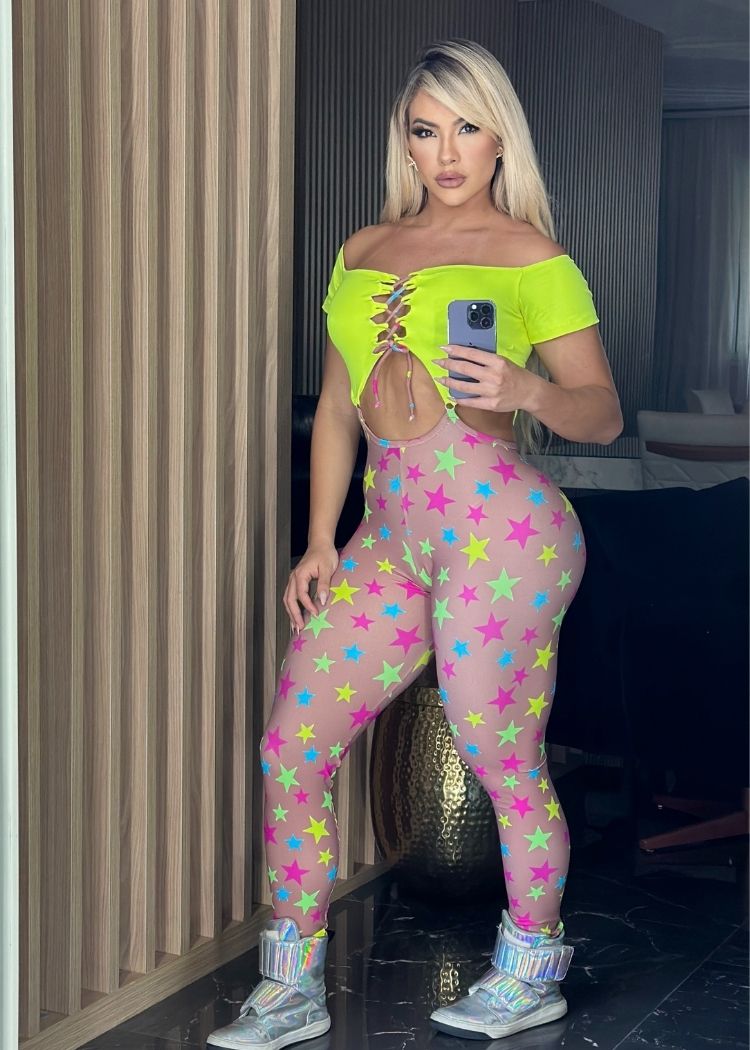 Macacão Fitness Top Verde Limão Legging Rosé Estrela Empina Bumbum