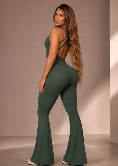 Macacão Fitness Flare Verde com Bojo Duplo