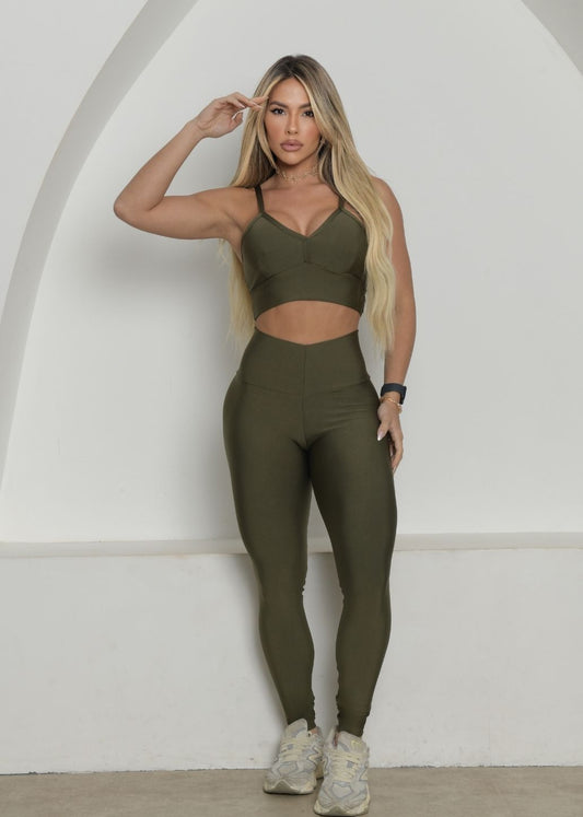 Conjunto Fitness Top e Legging Verde Musgo Zero Transparência
