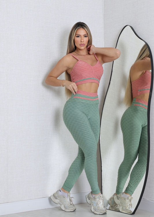 Conjunto Fitness  Top Viés Goiaba Legging Filete Verde
