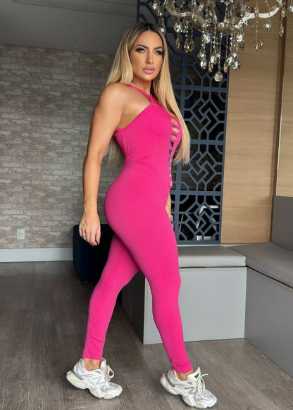 Macacão Fitness Zigzag Pink com Tiras Empina Bumbum