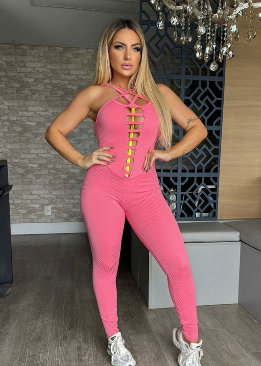 Macacão Fitness Zigzag Rosa com Tiras Empina Bumbum