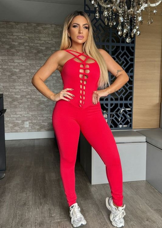Macacão Fitness Zigzag Vermelho com Tiras Empina Bumbum