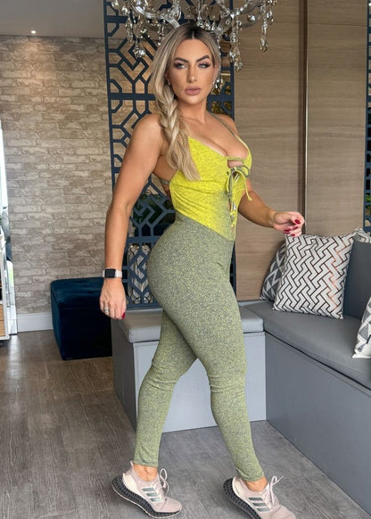 Macacão Fitness Chapisco Top Amarelo Trançado Legging Verde