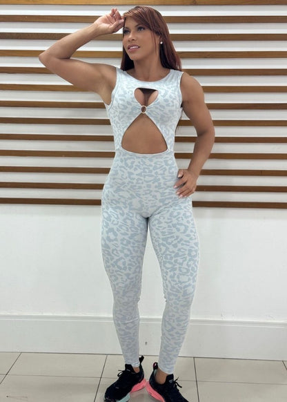 Macacão Fitness Oncinha Branco Top com Abertura Frontal