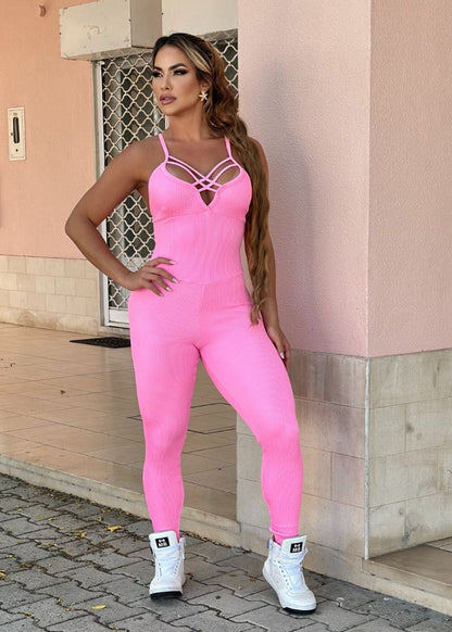 Macacão Fitness Rosa Top Trançado Zero Transparência