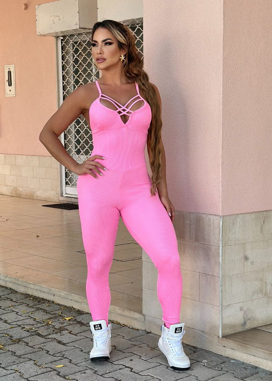 Macacão Fitness Rosa Top Trançado Zero Transparência