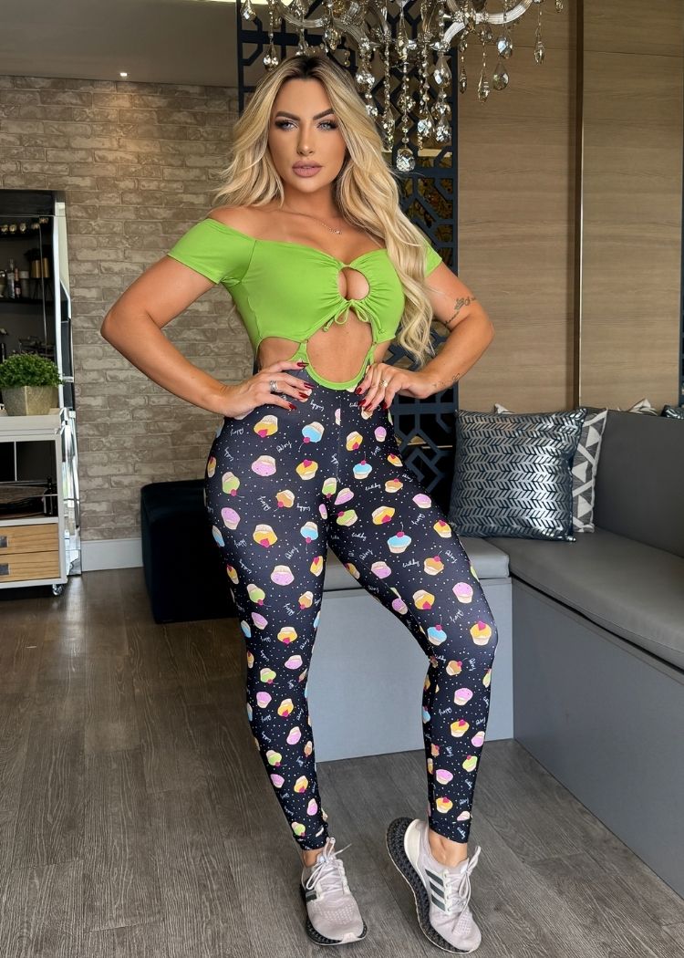 Macacão Fitness Top Verde Neon Legging Cupcake Empina Bumbum