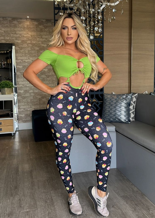 Macacão Fitness Top Verde Neon Legging Cupcake Empina Bumbum