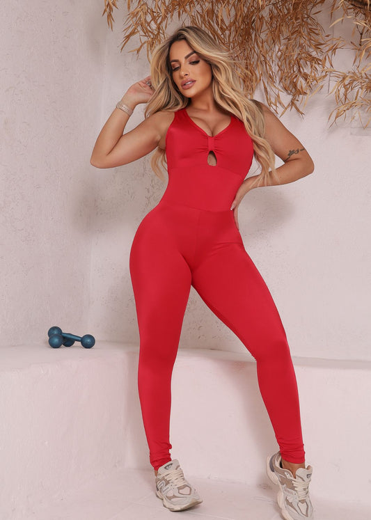 Macacão Fitness Vermelho com Decote e Tiras nas Costas