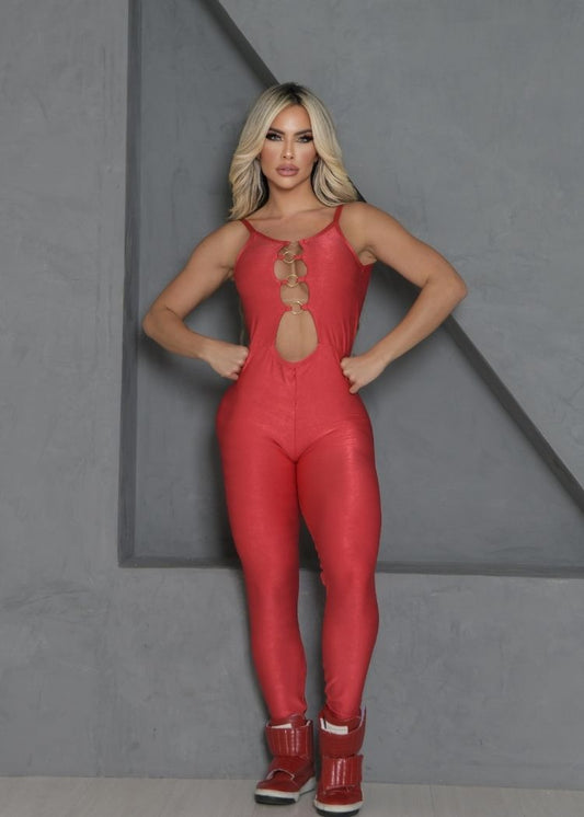 Macacão Fitness Vermelho Fivela Aberto Empina Bumbum