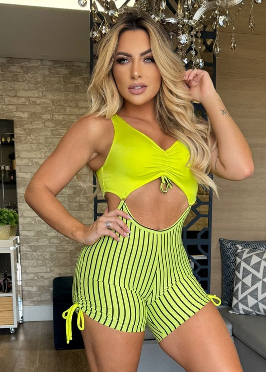 Macaquinho Fitness Amarelo Listrado Aberto Empina Bumbum