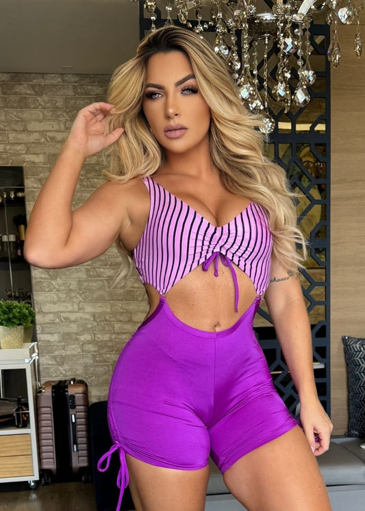 Macaquinho Fitness Lilás e Roxo Listrado com Decote Aberto