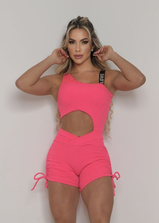 Macaquinho Fitness Rosa Aberto na Lateral em Jacquard