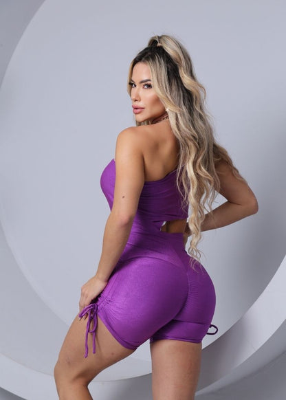 Macaquinho Fitness Roxo com Abertura Lateral Empina Bumbum