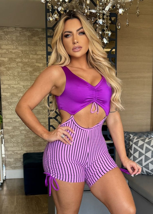 Macaquinho Fitness Roxo e Lilás Listrado com Laço Aberto